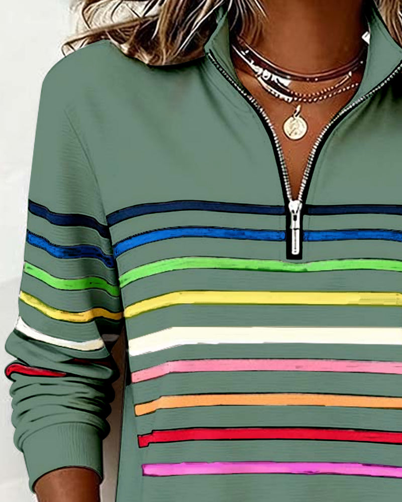 Remi | Multicolor Stripe Quarter Zip Stand Collar Casual Sweatshirt