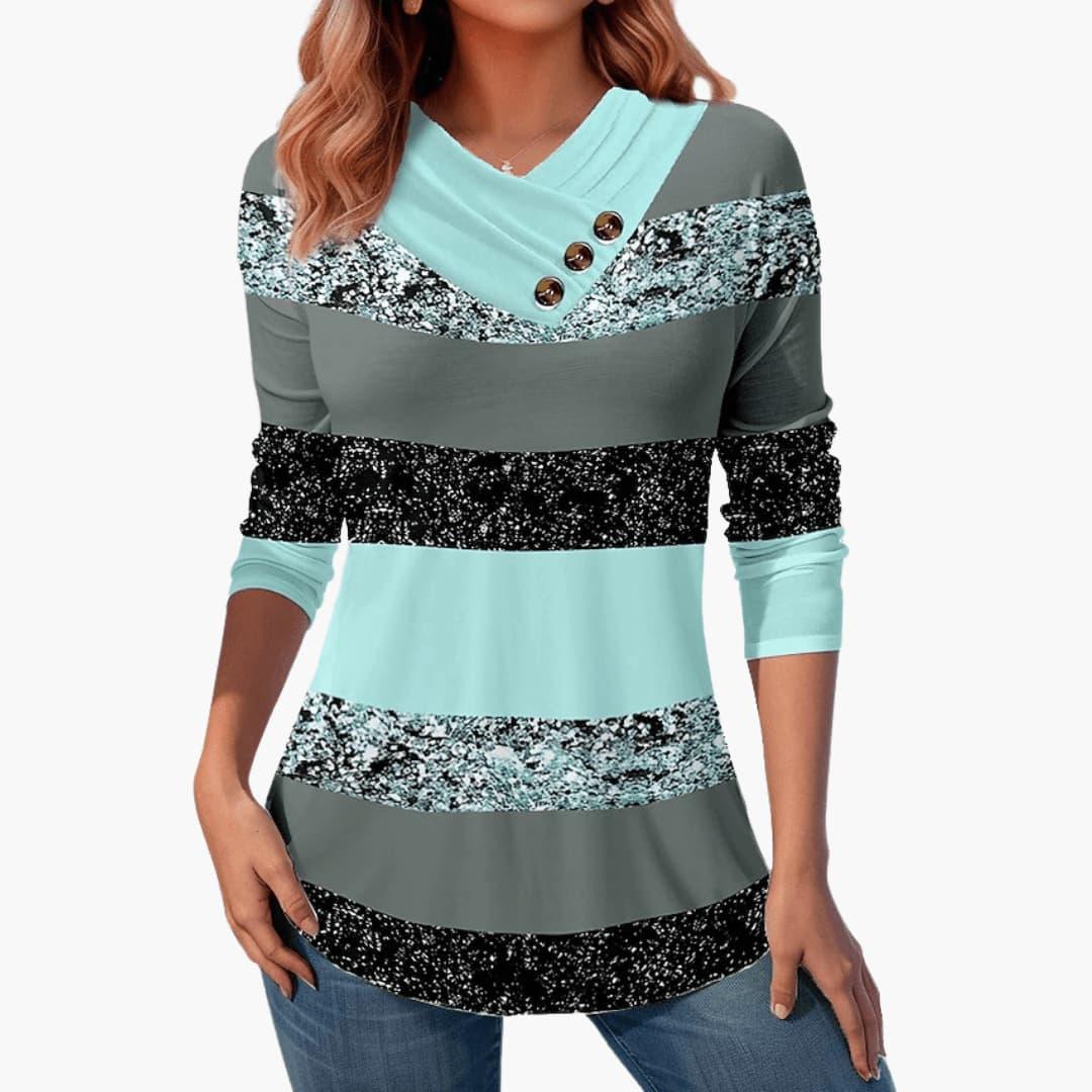Marlowe | Women's Colorblock Striped Button-Detail Long Sleeve Top