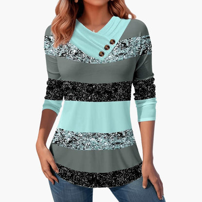 Marlowe | Women's Colorblock Striped Button-Detail Long Sleeve Top
