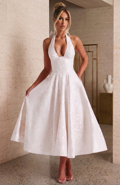 Hailey | Deep V Halter Neck Corset Bodice Jacquard A-Line Midi Wedding Guest Dress