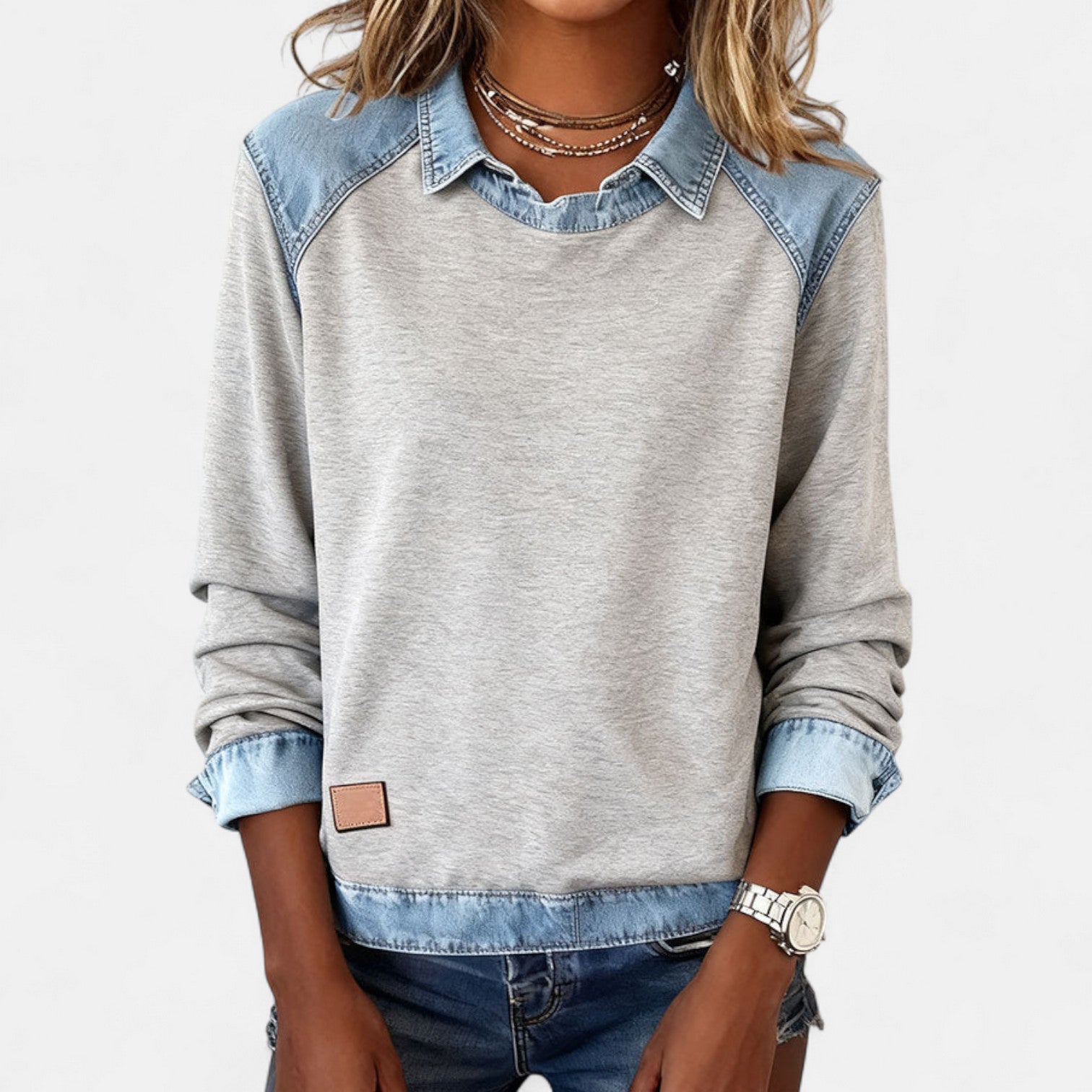 Denby | Women's Denim Trim Collared Colorblock Long Sleeve Sweatshirt