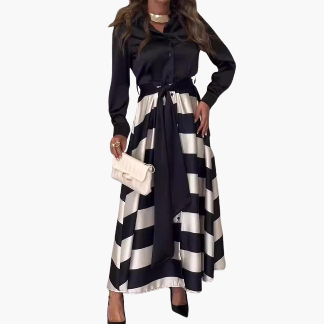 Seraphina | Women's Satin Collared Long Sleeve Striped Maxi Dress