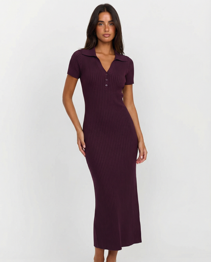 Harper | Ribbed Knit Polo Neck Slim Fit Midi Dress