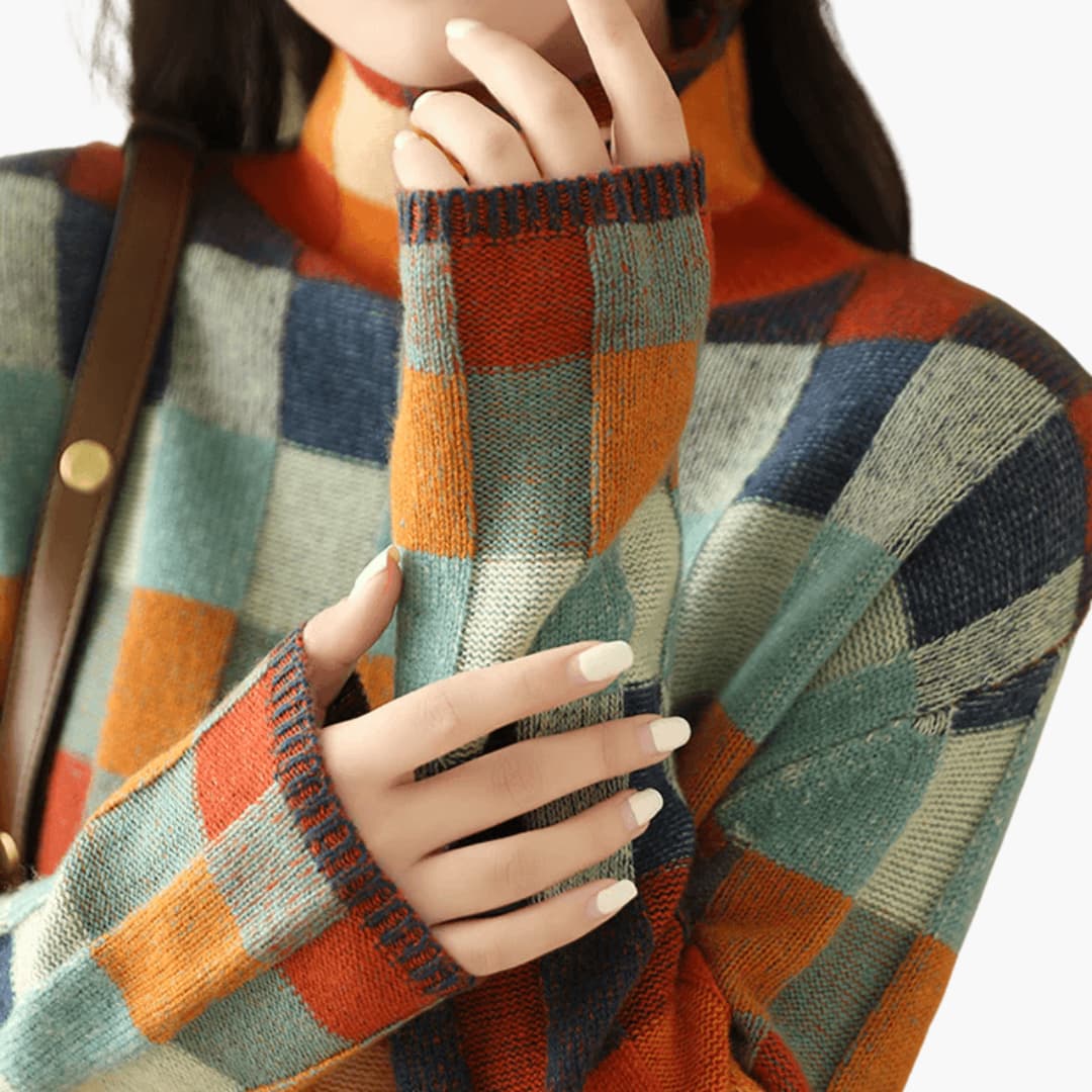 Marlowe | Women's Patchwork Turtleneck Relaxed Knit Sweater