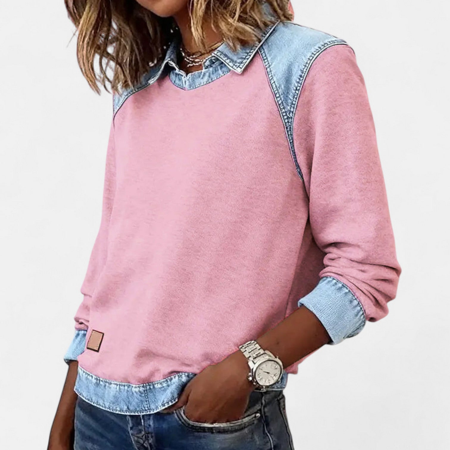 Denby | Women's Denim Trim Collared Colorblock Long Sleeve Sweatshirt