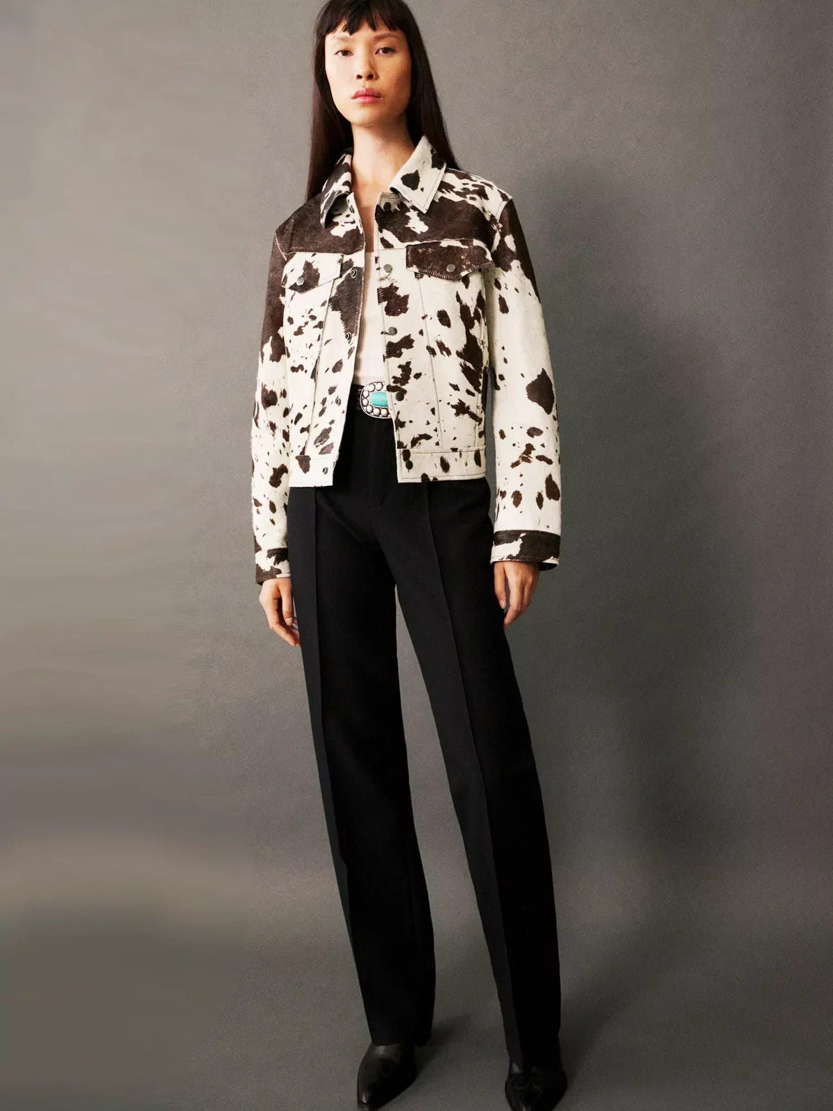 Saskia | Women's Western Cropped Cow Print Fake Fur Jacket