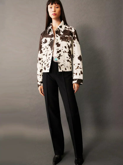 Saskia | Women's Western Cropped Cow Print Fake Fur Jacket