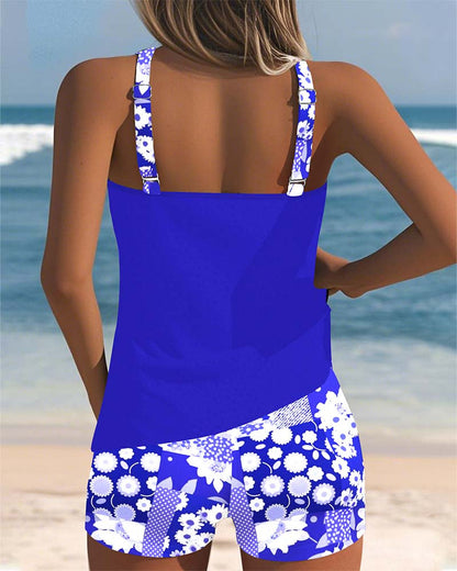 Melanie | Floral Print Racerback Tank Top With Shorts Two Piece Swimsuit