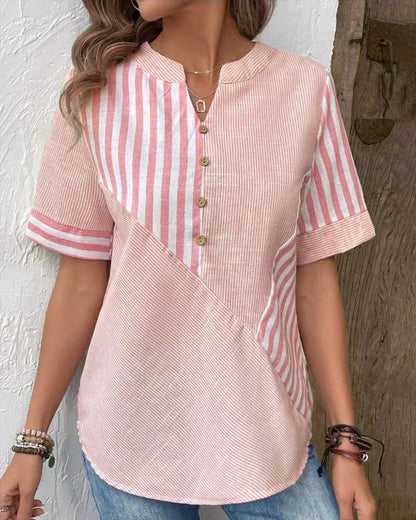 Monroe | Striped Colorblock Stand Collar Short Sleeve Casual Top