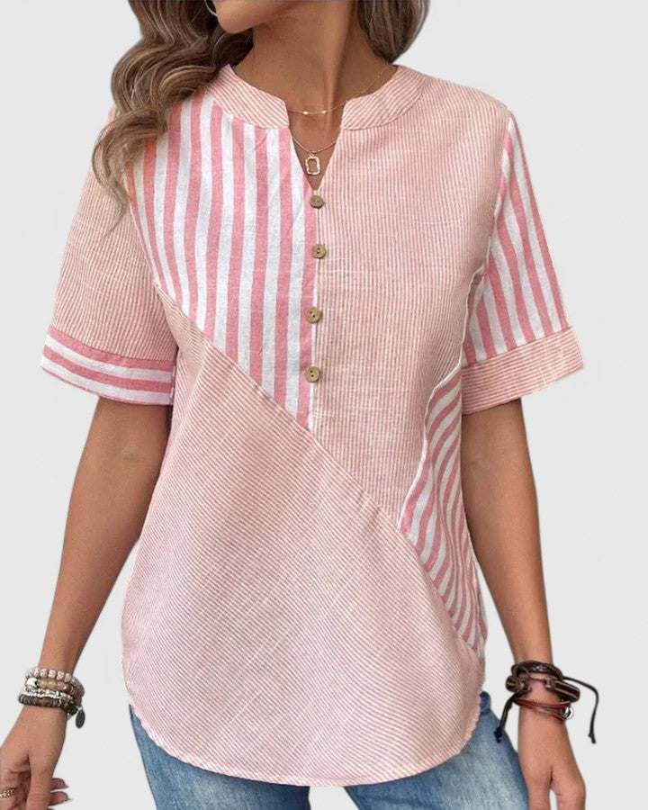 Gigi | Striped Colorblock Stand Collar Short Sleeve Casual Blouse