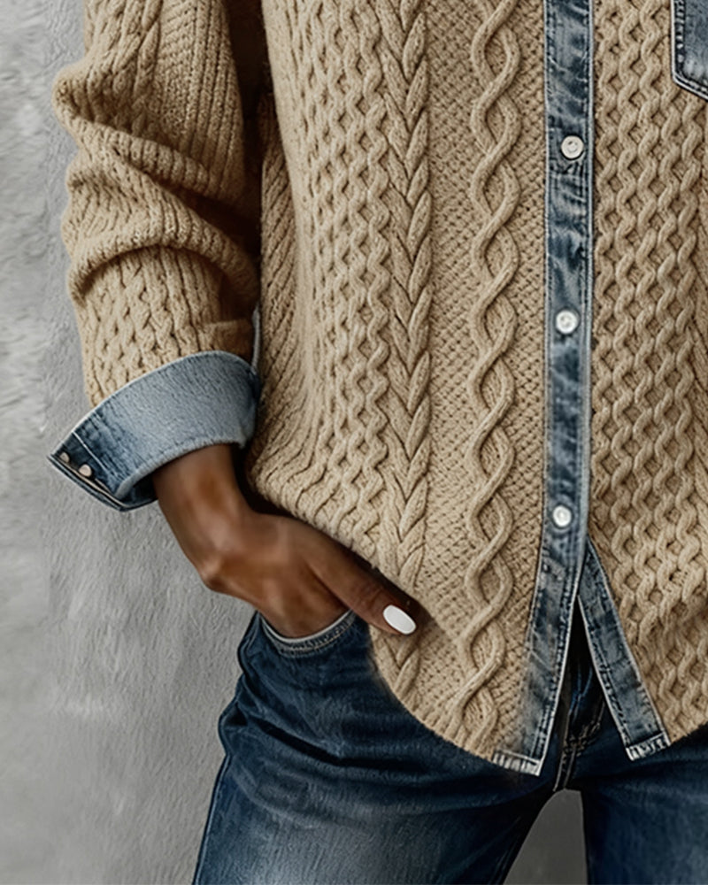 Sierra | Women's Cable-Knit Denim-Trim Button-Front Long Sleeve Shirt