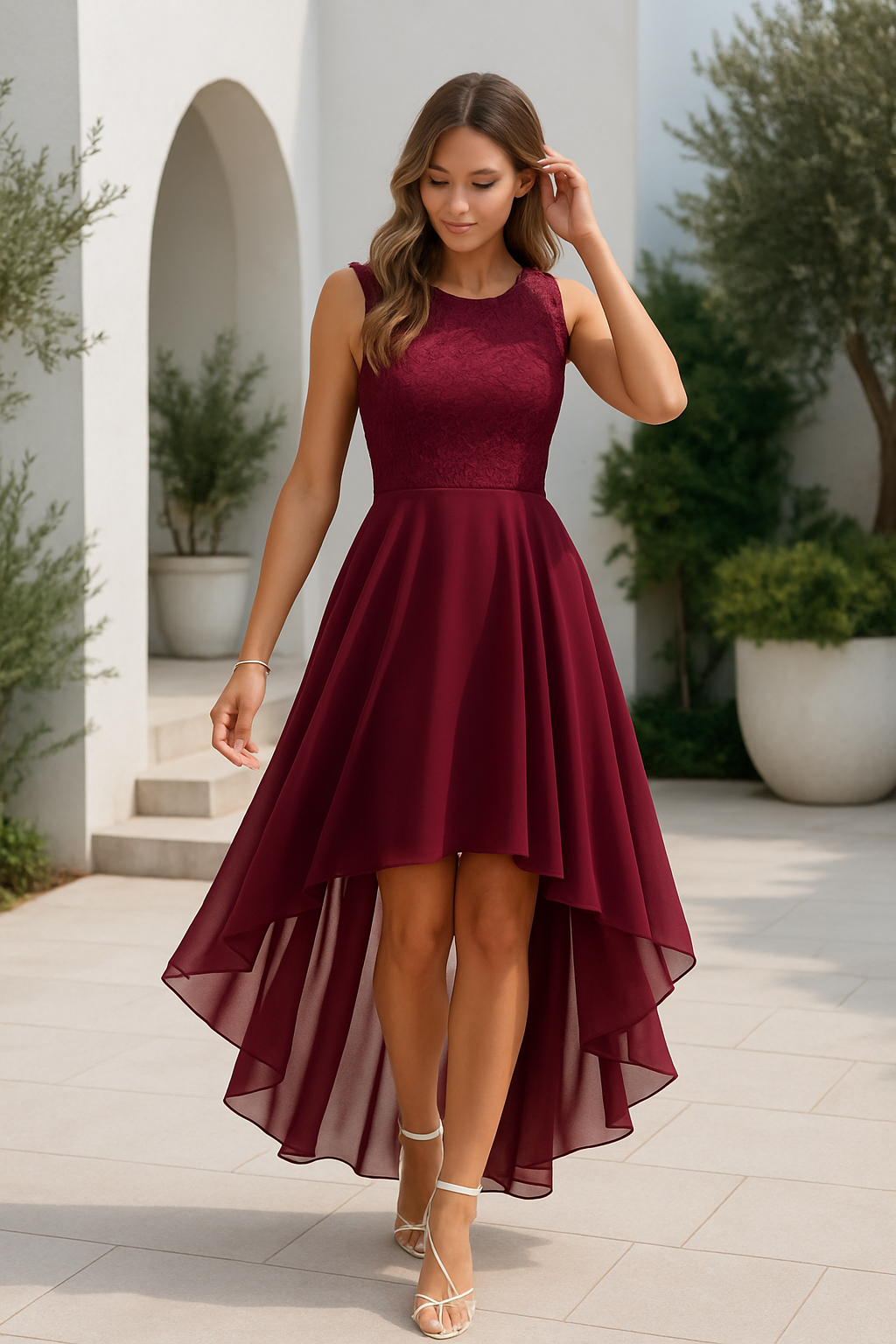 Kaitlyn | Lace Bodice Scoop Neck High Low Chiffon Elegant Wedding Guest Dress