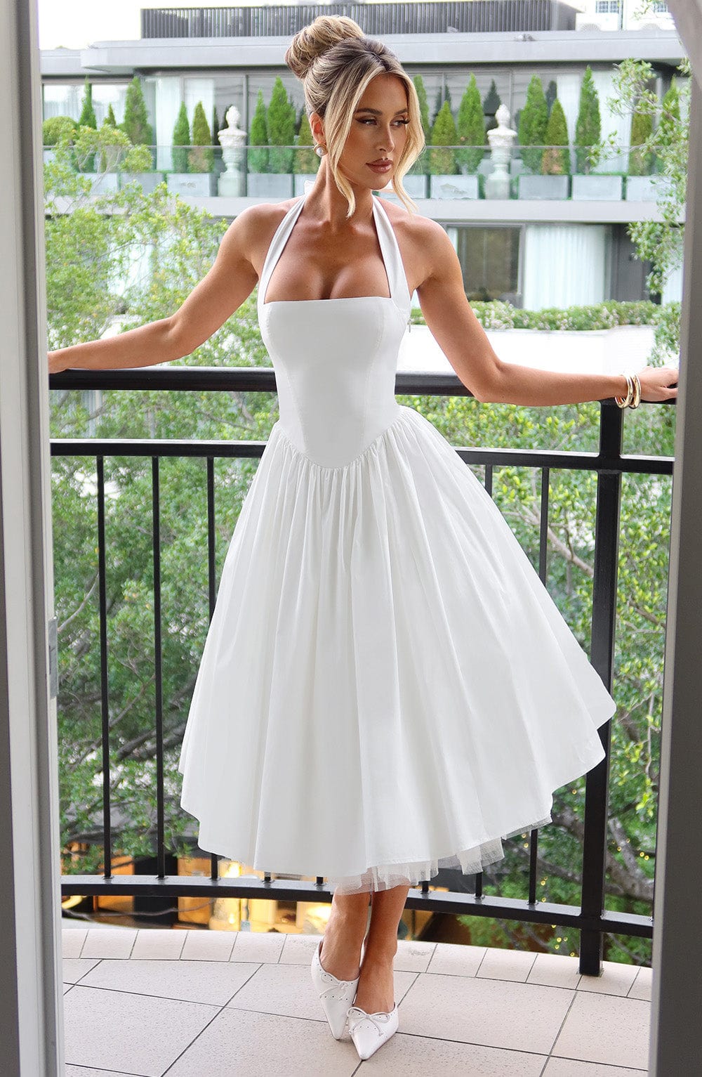 Chloe | Halter Tie Back Structured Bodice Voluminous Midi Wedding Guest Dress