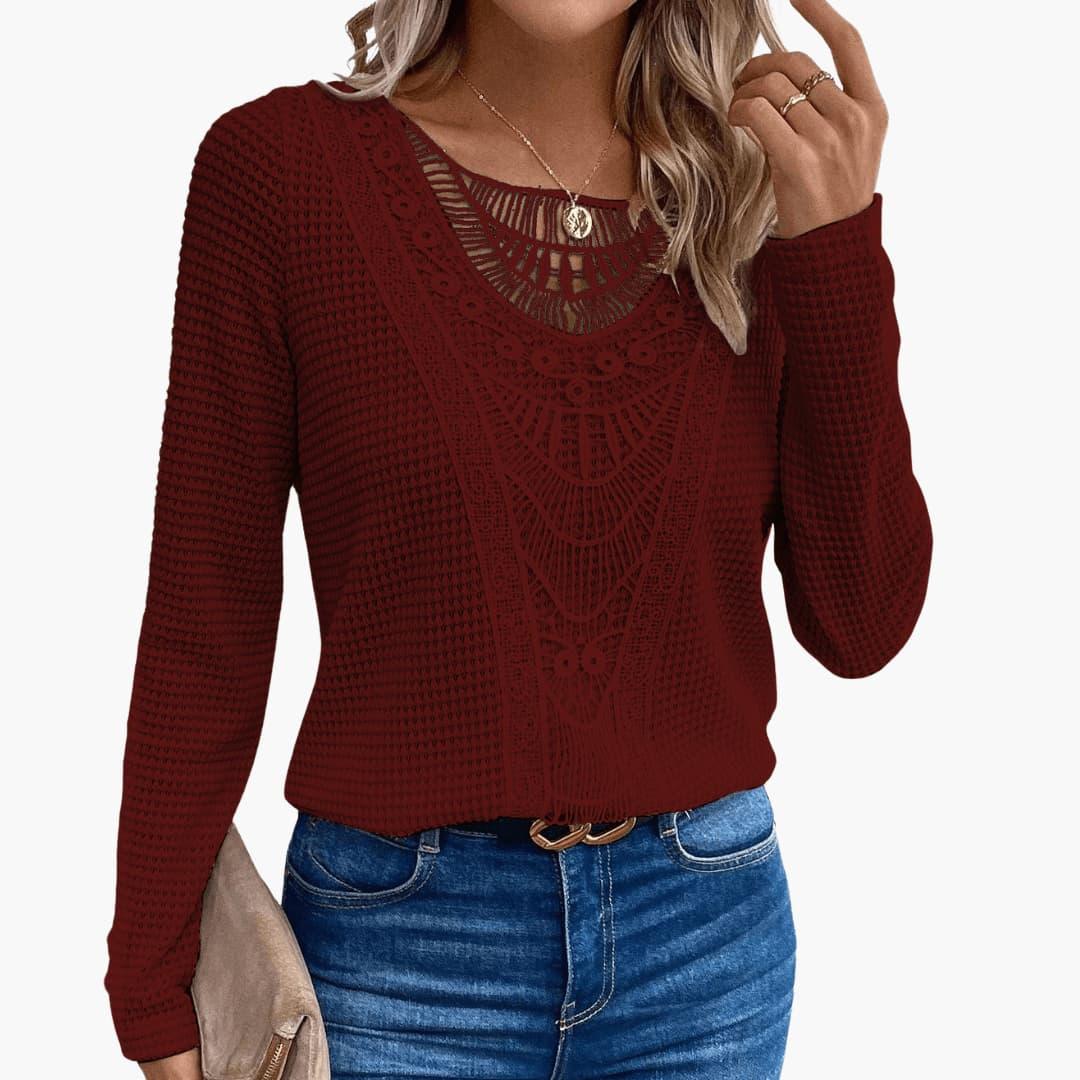 Delphine | Women's Crochet Lace Waffle Knit Long Sleeve Top