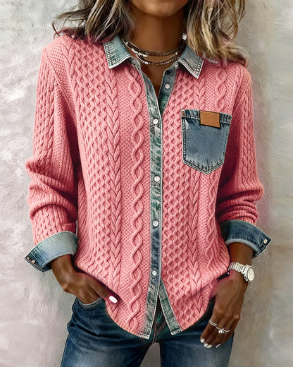 Sierra | Women's Cable-Knit Denim-Trim Button-Front Long Sleeve Shirt
