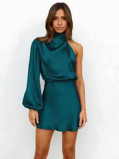Stella | One Shoulder Satin Long Sleeve Mini Evening Party Dress