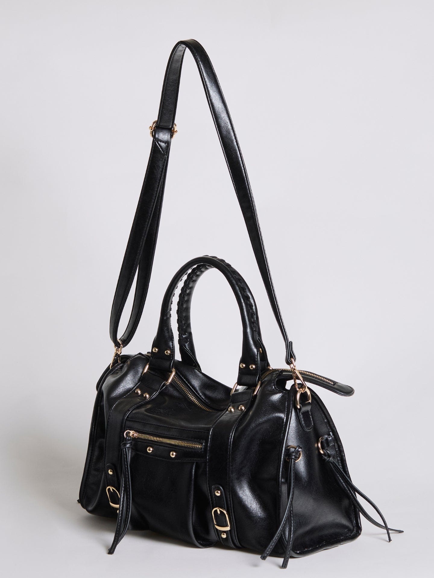 Halden | Women's Structured Bowler Studded Buckle Zip Pocket Handbag