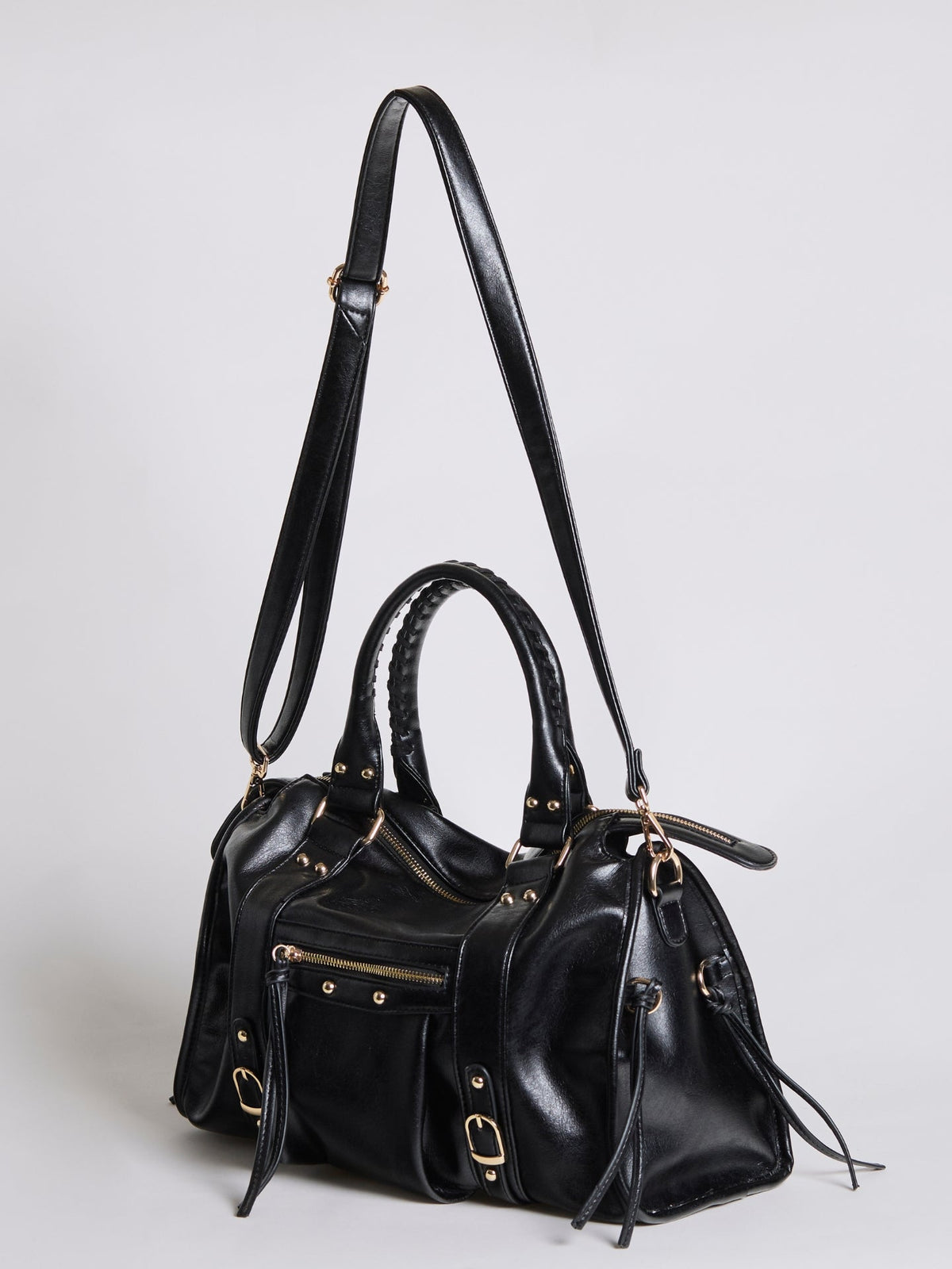 Halden | Women's Structured Bowler Studded Buckle Zip Pocket Handbag