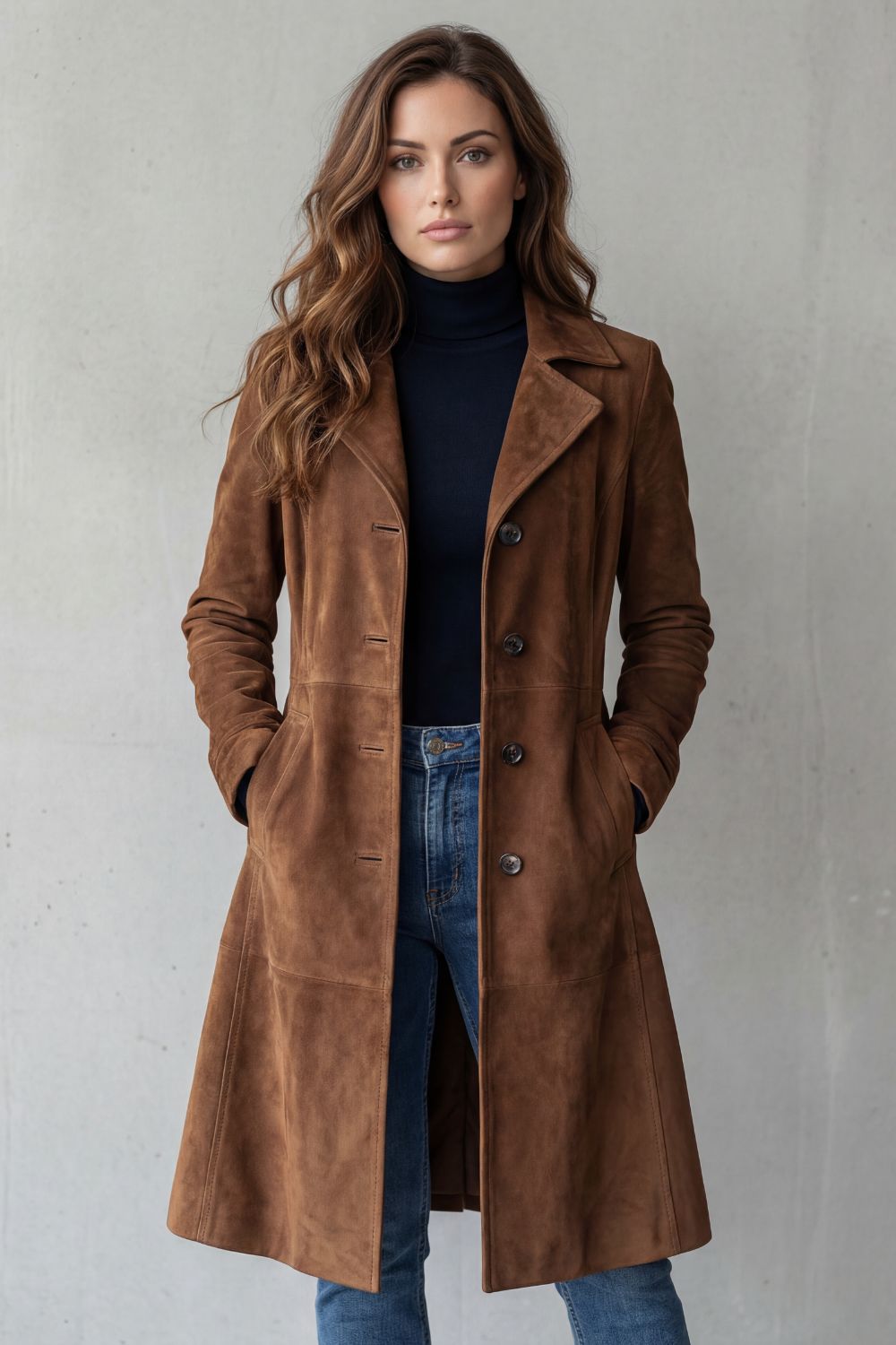 Coralene | Women's Suede-Effect Longline Tailored Notched Lapel Coat