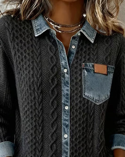 Sierra | Women's Cable-Knit Denim-Trim Button-Front Long Sleeve Shirt