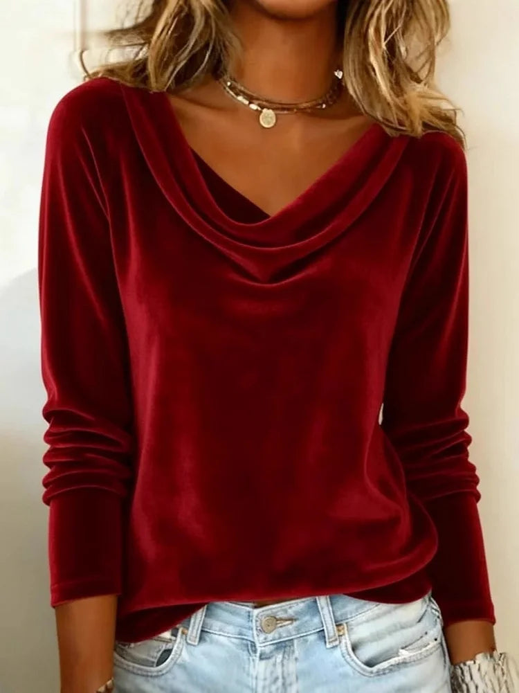 Elysande | Women's Velvet Cowl Neck Long Sleeve Blouse