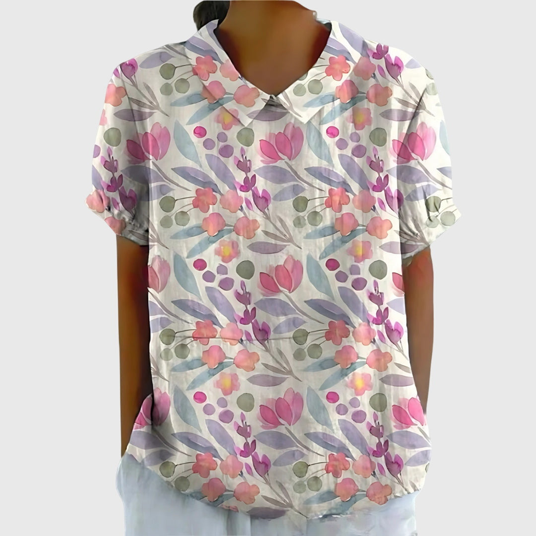 Jenna | Floral Print Collared Short Sleeve Relaxed Linen Blouse