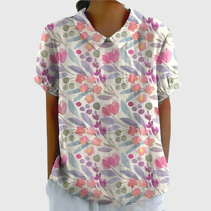 Jenna | Floral Print Collared Short Sleeve Relaxed Linen Blouse