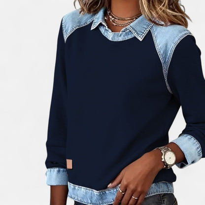 Denby | Women's Denim Trim Collared Colorblock Long Sleeve Sweatshirt