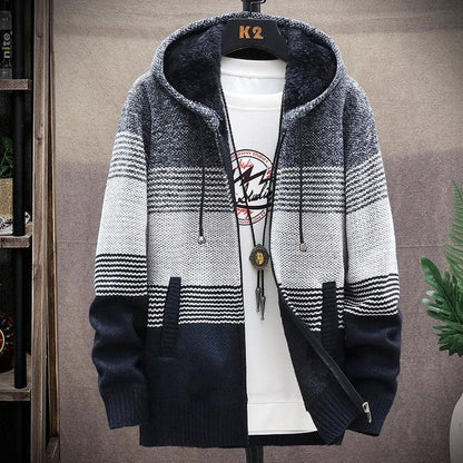 Everen | Men's Knitted Hooded Striped Fleece-Lined Cardigan