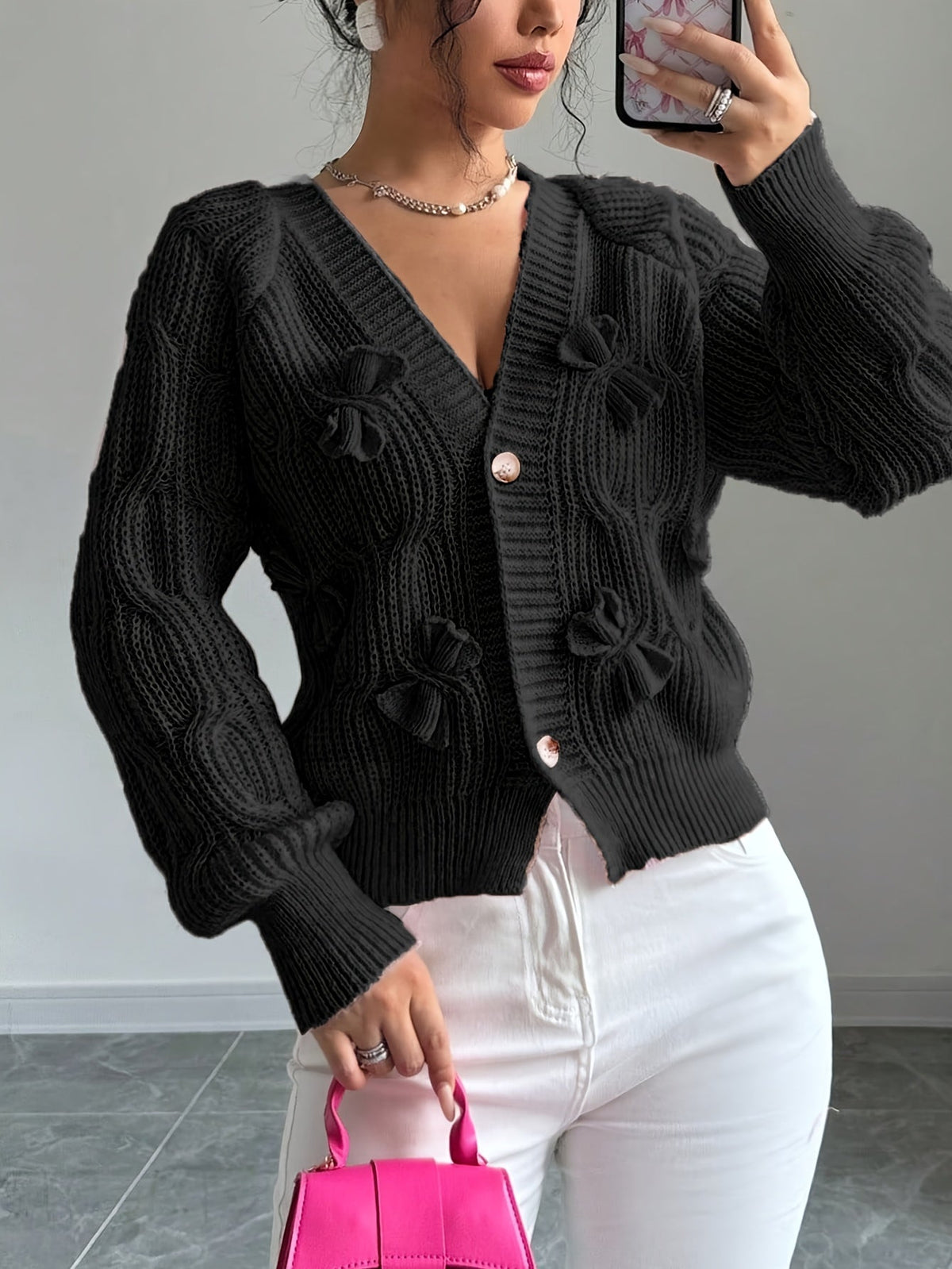 Rosalind | Women's Bow-Detail Cable Knit V-Neck Button-Front Cardigan