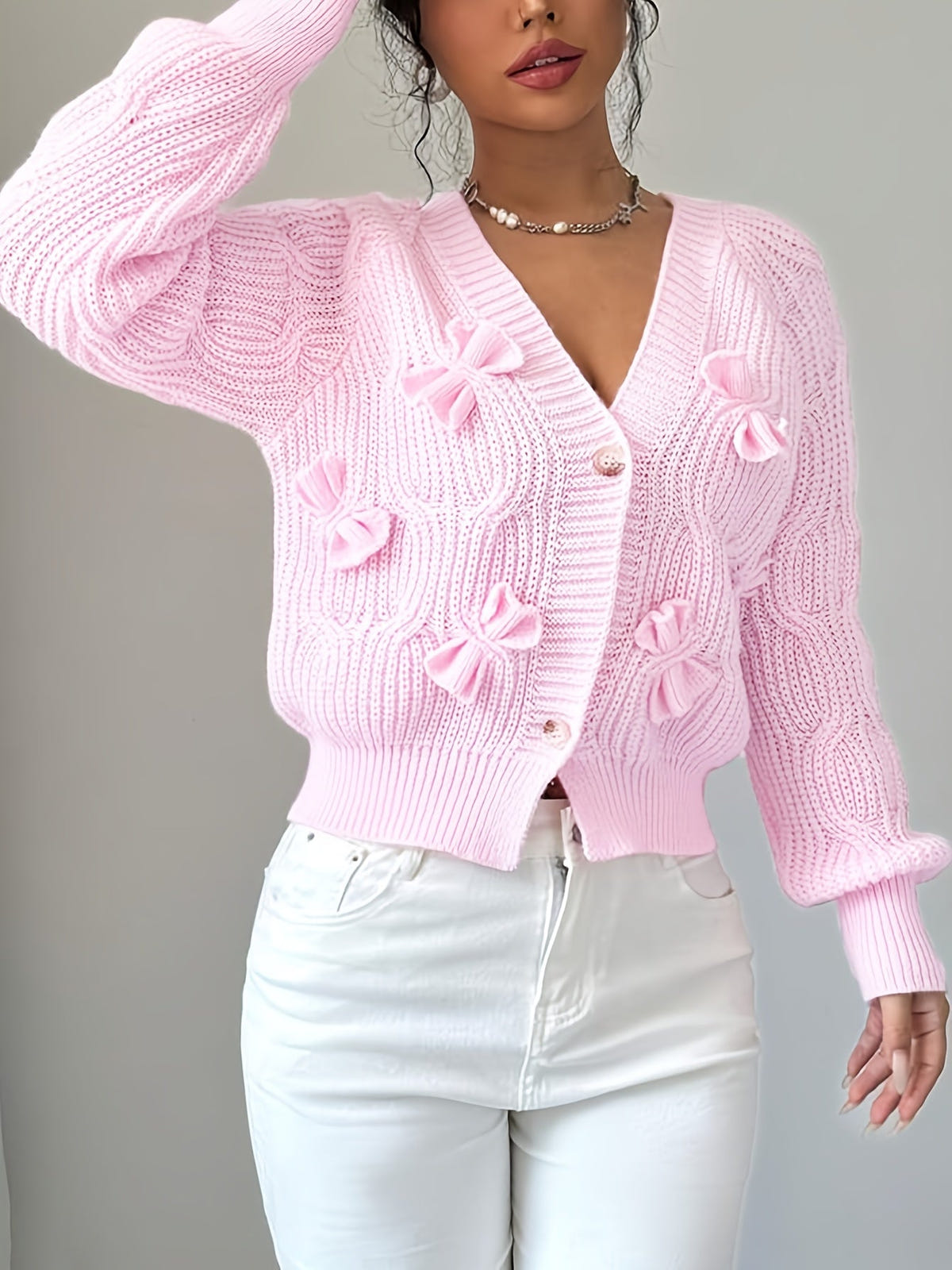 Rosalind | Women's Bow-Detail Cable Knit V-Neck Button-Front Cardigan