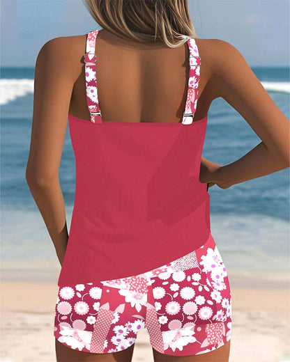 Melanie | Floral Print Racerback Tank Top With Shorts Two Piece Swimsuit