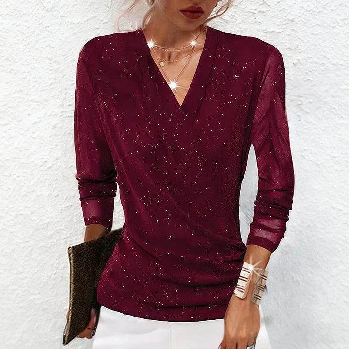 Maribel | Women's Draped V Neck Shimmer Long Sleeve Blouse
