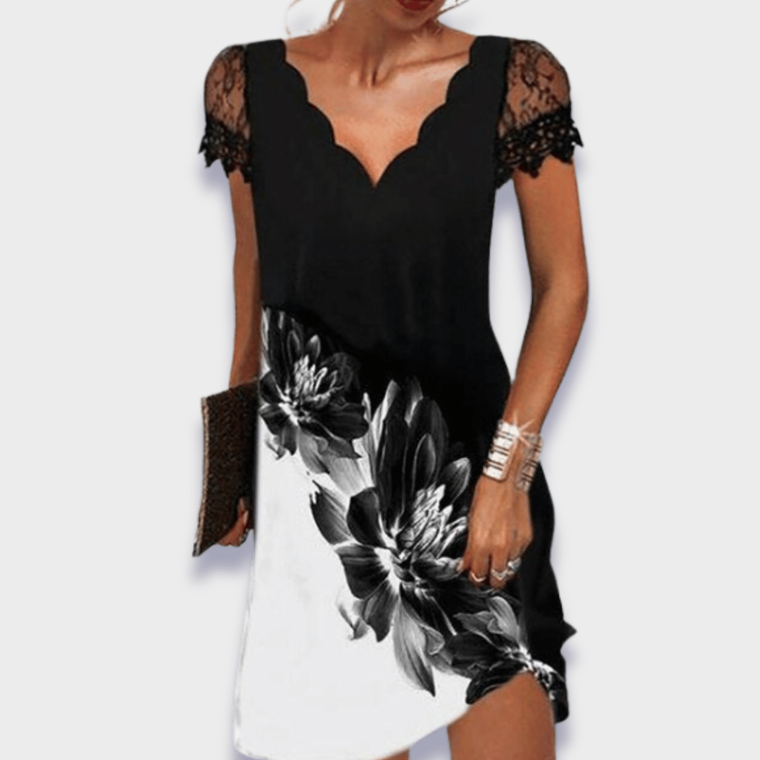 Katherine | Lace Cap Sleeve Scalloped V Neck Elegant Mini Dress