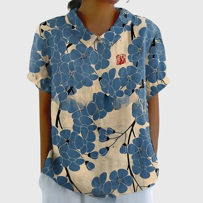 Jenna | Floral Print Collared Short Sleeve Relaxed Linen Blouse