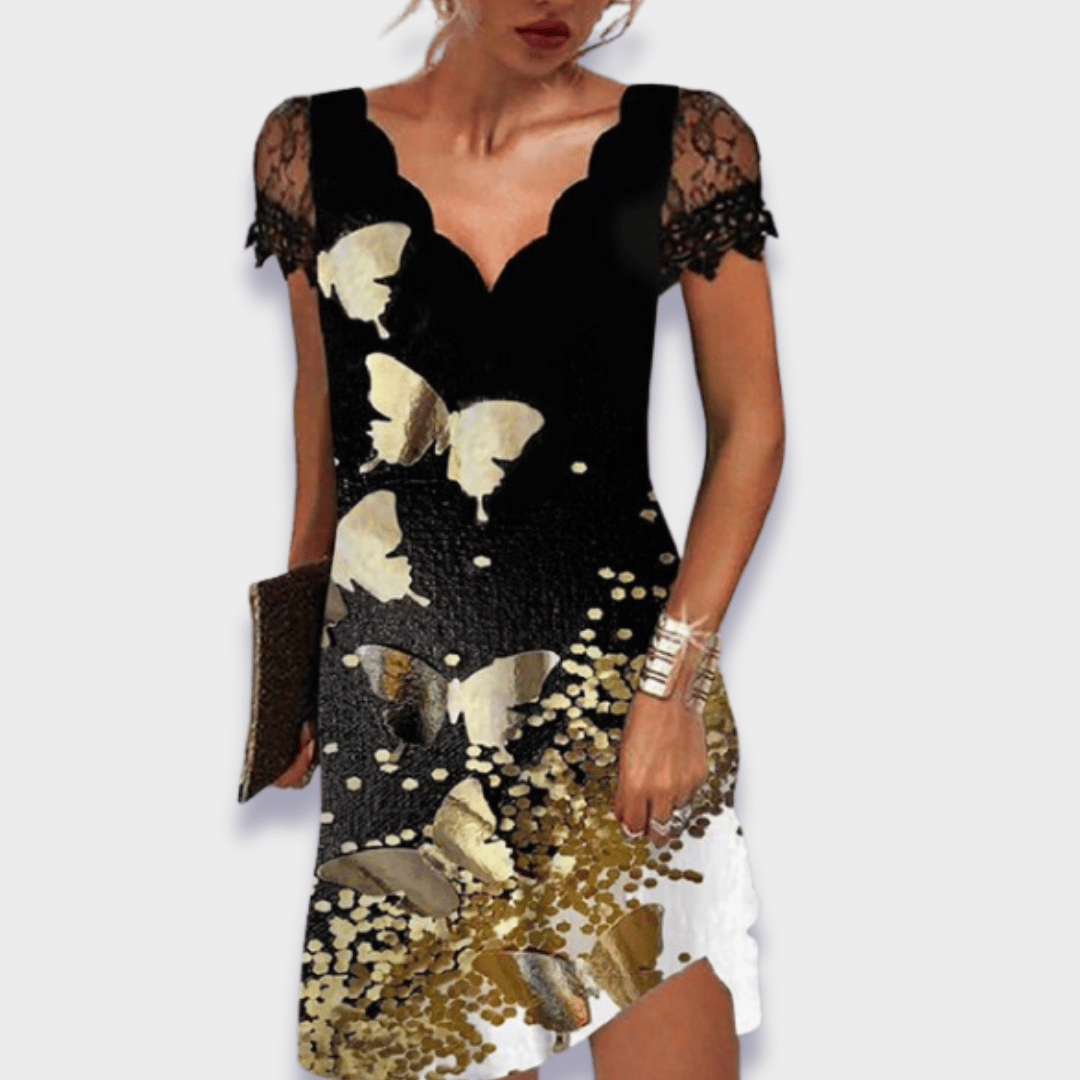 Katherine | Lace Cap Sleeve Scalloped V Neck Elegant Mini Dress