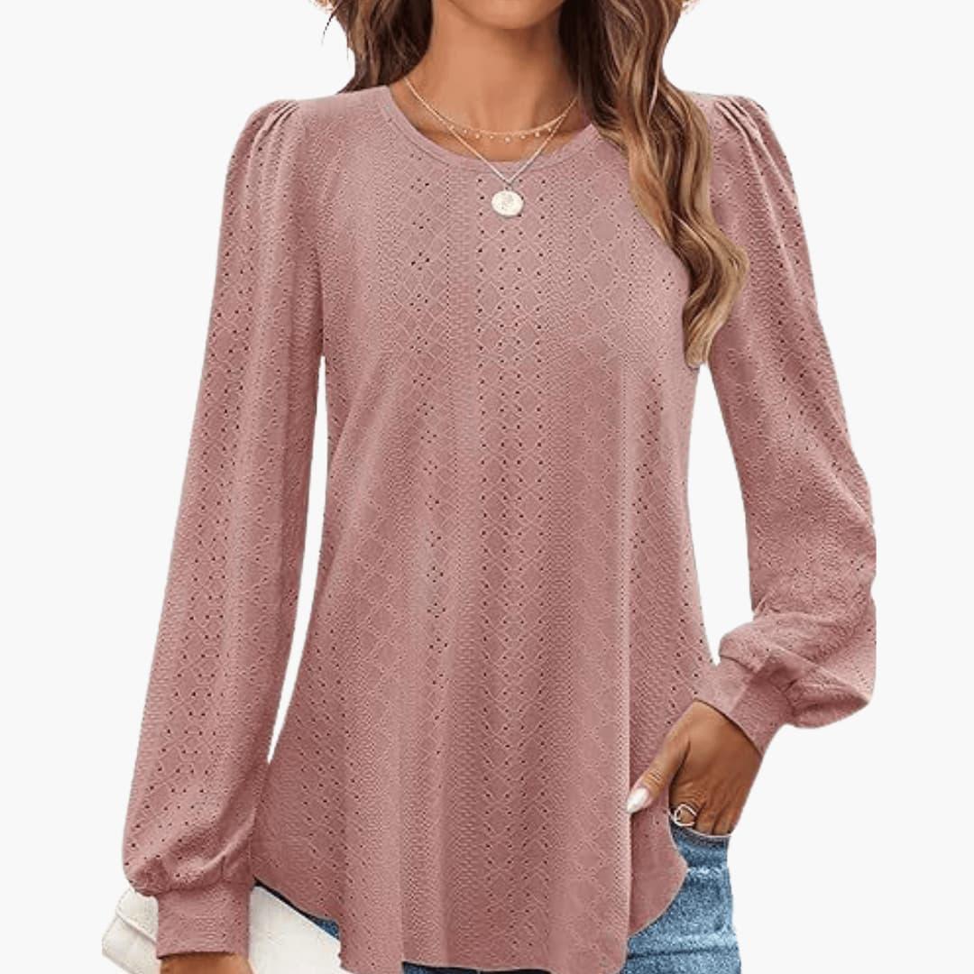 Elowen | Women's Eyelet Lantern Sleeve Round Neck Top