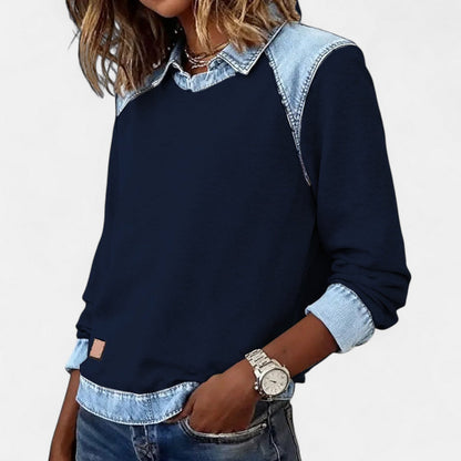 Denby | Women's Denim Trim Collared Colorblock Long Sleeve Sweatshirt