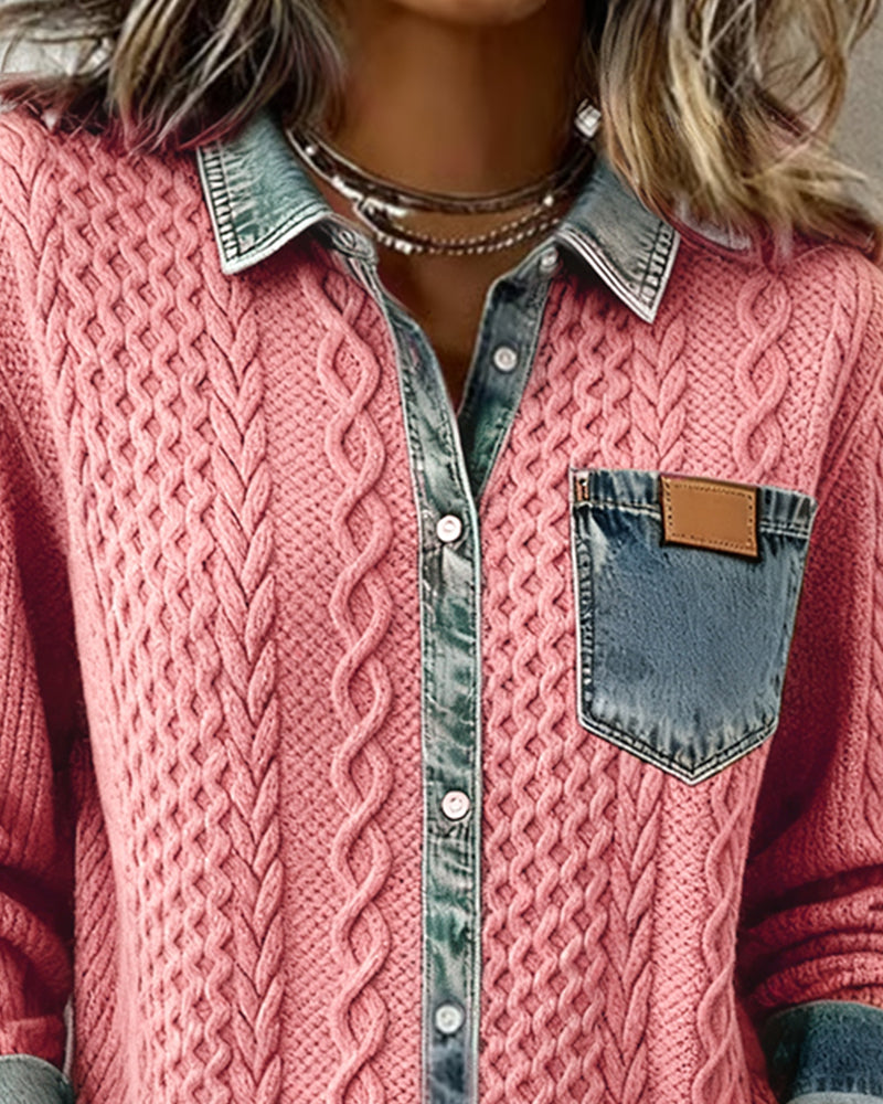 Sierra | Women's Cable-Knit Denim-Trim Button-Front Long Sleeve Shirt