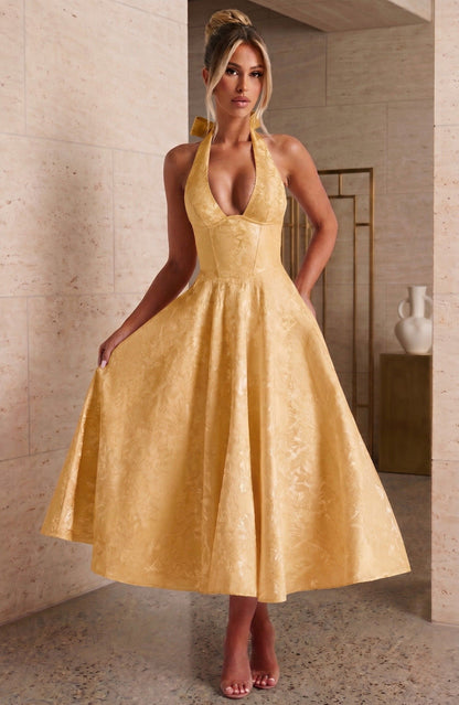 Hailey | Deep V Halter Neck Corset Bodice Jacquard A-Line Midi Wedding Guest Dress