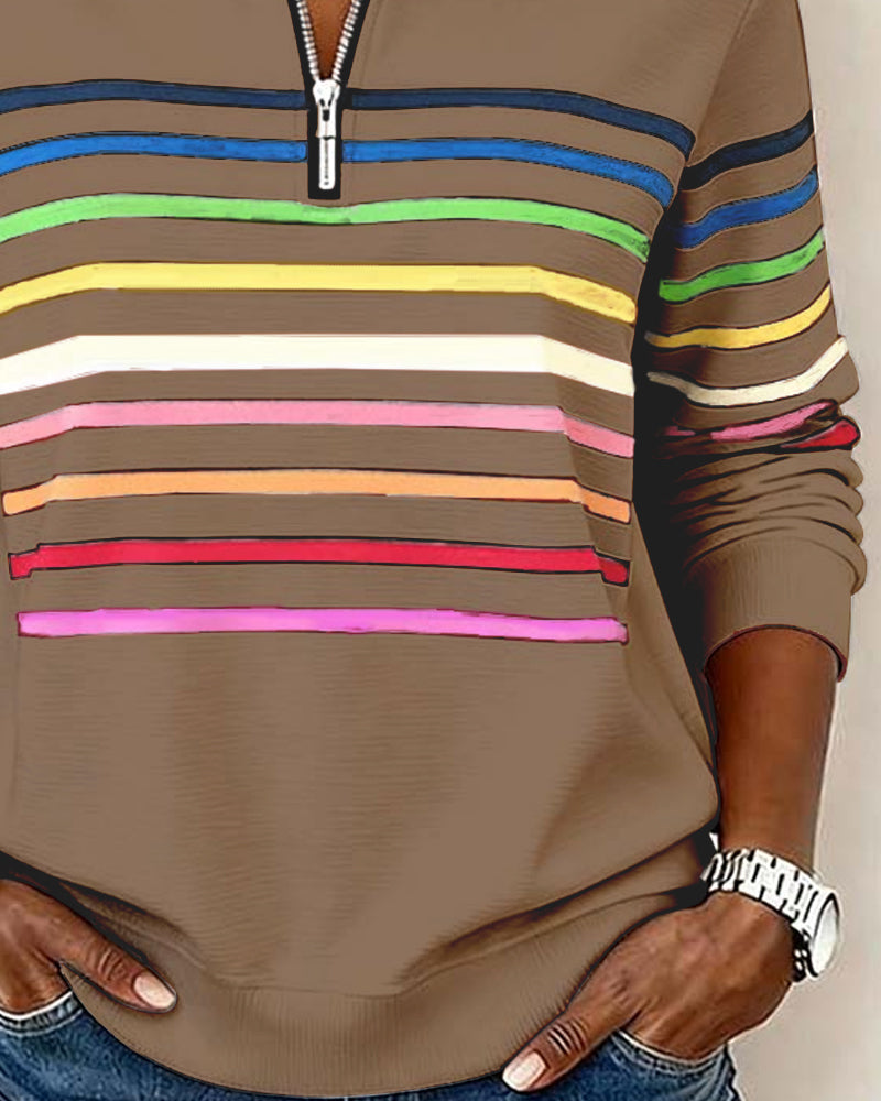 Remi | Multicolor Stripe Quarter Zip Stand Collar Casual Sweatshirt