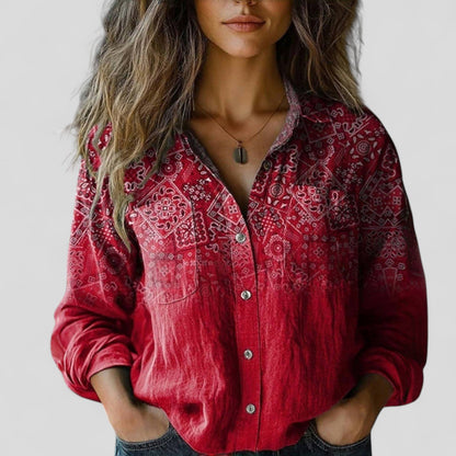 Lorenhilde | Colorblock Floral Long Sleeve Button Down Boho Blouse