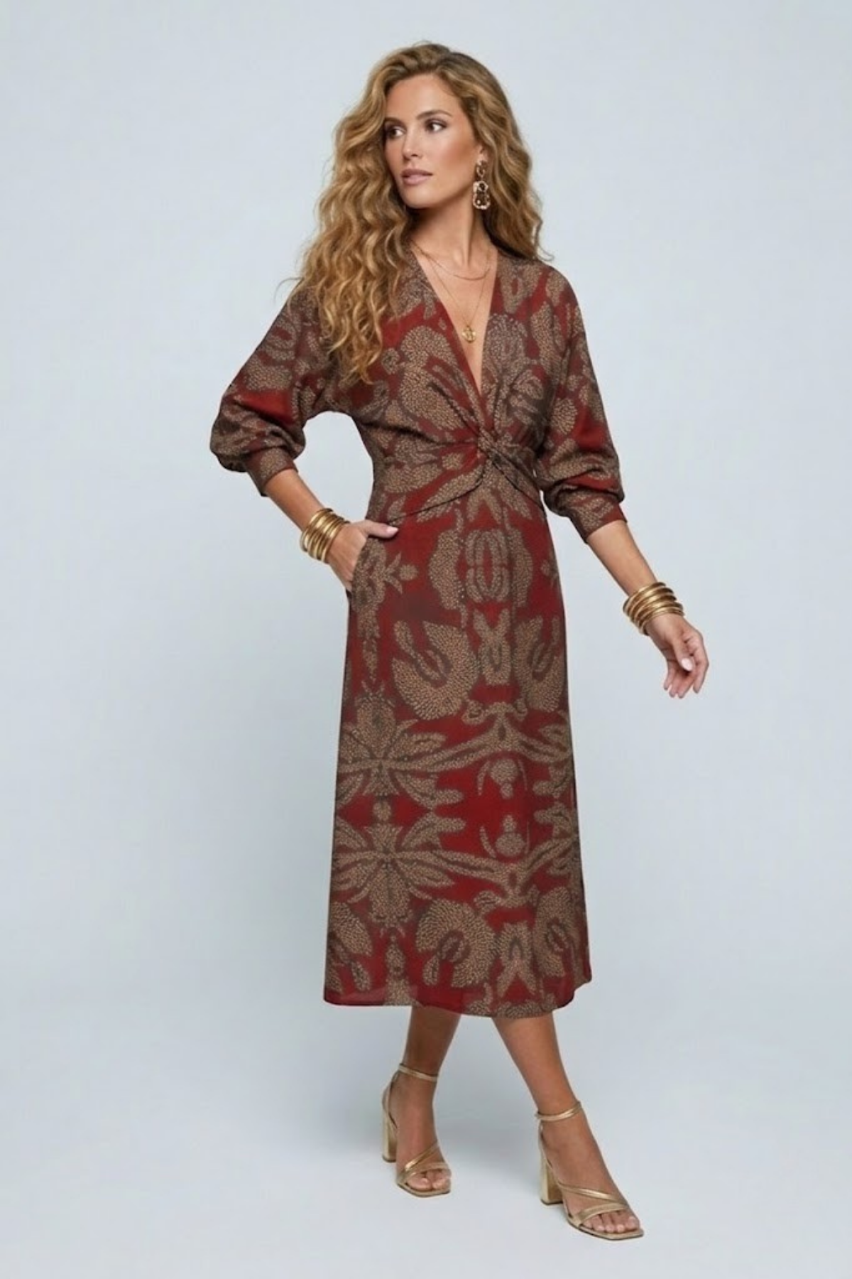 Faye | Printed Twist Front Deep V Neck Midi Dress