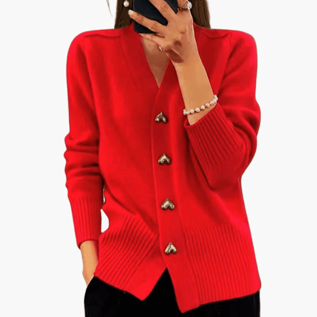 Elara | Women's Button-Up Knit Heart Button Long Sleeve Cardigan