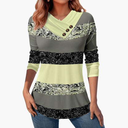 Marlowe | Women's Colorblock Striped Button-Detail Long Sleeve Top