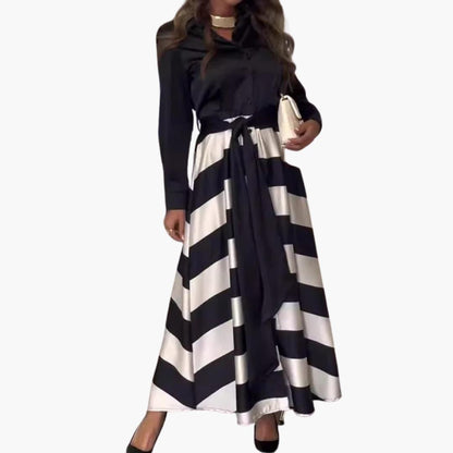 Seraphina | Women's Satin Collared Long Sleeve Striped Maxi Dress