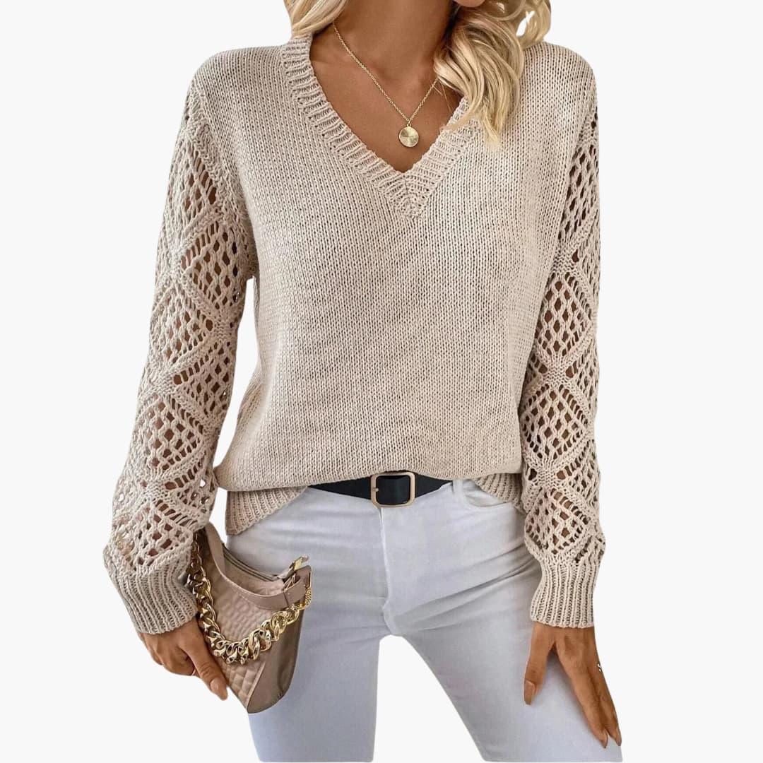Marlowe | Women's Crochet Sleeve V-Neck Relaxed Fit Sweater