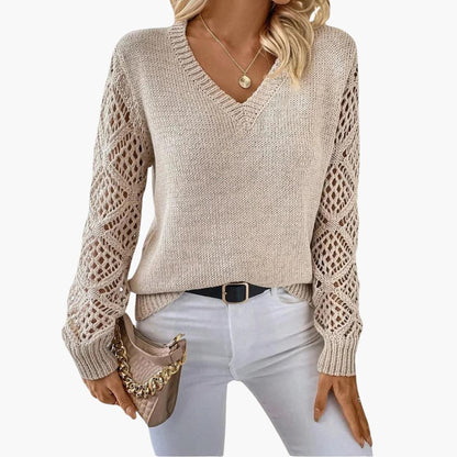 Marlowe | Women's Crochet Sleeve V-Neck Relaxed Fit Sweater