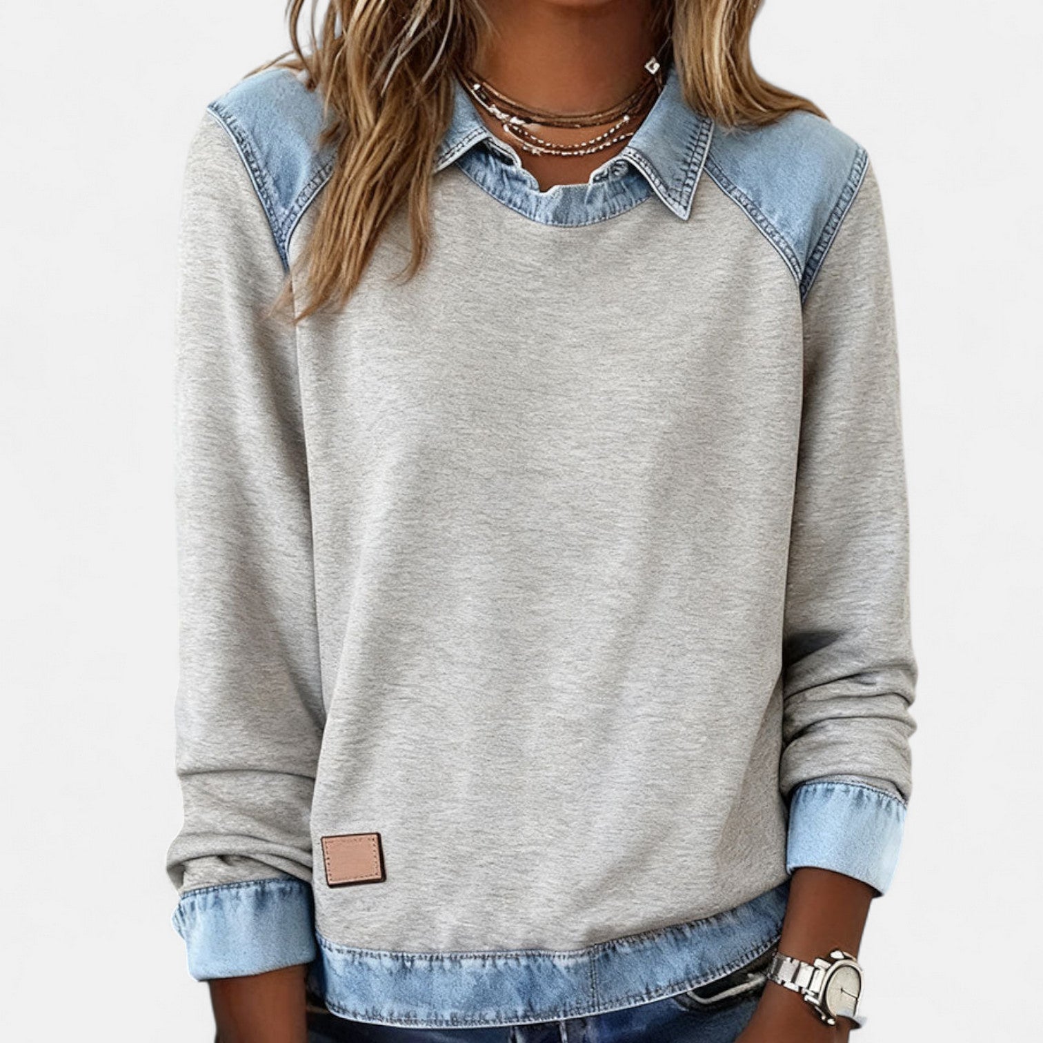 Denby | Women's Denim Trim Collared Colorblock Long Sleeve Sweatshirt