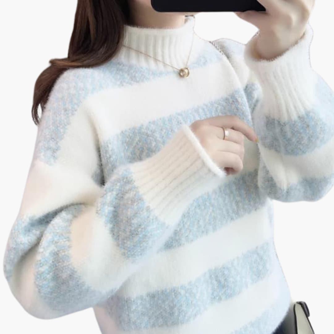Freya | Women's Mock Neck Striped Fuzzy Knit Sweater